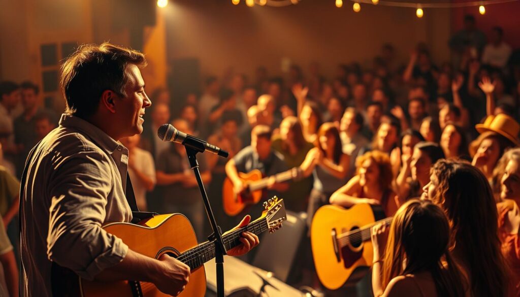 A picturesque scene of a sertanejo music performance, bathed in warm, golden light. In the foreground, a charismatic singer captivates the audience with their emotive vocals, guitar in hand. The middle ground features a lively band, their instruments in sync, creating a rhythmic backdrop. In the background, a crowd of enthusiastic fans sway to the infectious melodies, their faces alight with joy. The composition evokes the vibrant, intimate atmosphere of a sertanejo concert, where the connection between artist and audience is palpable. Realistic textures, subtle depth of field, and a cinematic lens bring this quintessential Brazilian musical experience to life. A picturesque scene of a sertanejo music performance, bathed in warm, golden light. In the foreground, a charismatic singer captivates the audience with their emotive vocals, guitar in hand. The middle ground features a lively band, their instruments in sync, creating a rhythmic backdrop. In the background, a crowd of enthusiastic fans sway to the infectious melodies, their faces alight with joy. The composition evokes the vibrant, intimate atmosphere of a sertanejo concert, where the connection between artist and audience is palpable. Realistic textures, subtle depth of field, and a cinematic lens bring this quintessential Brazilian musical experience to life.